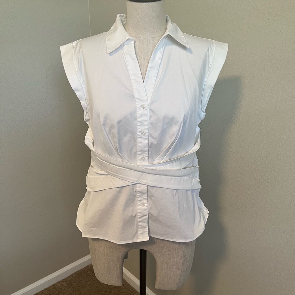 White House Black Market White Sleeveless Wrap Button Down Shirt
